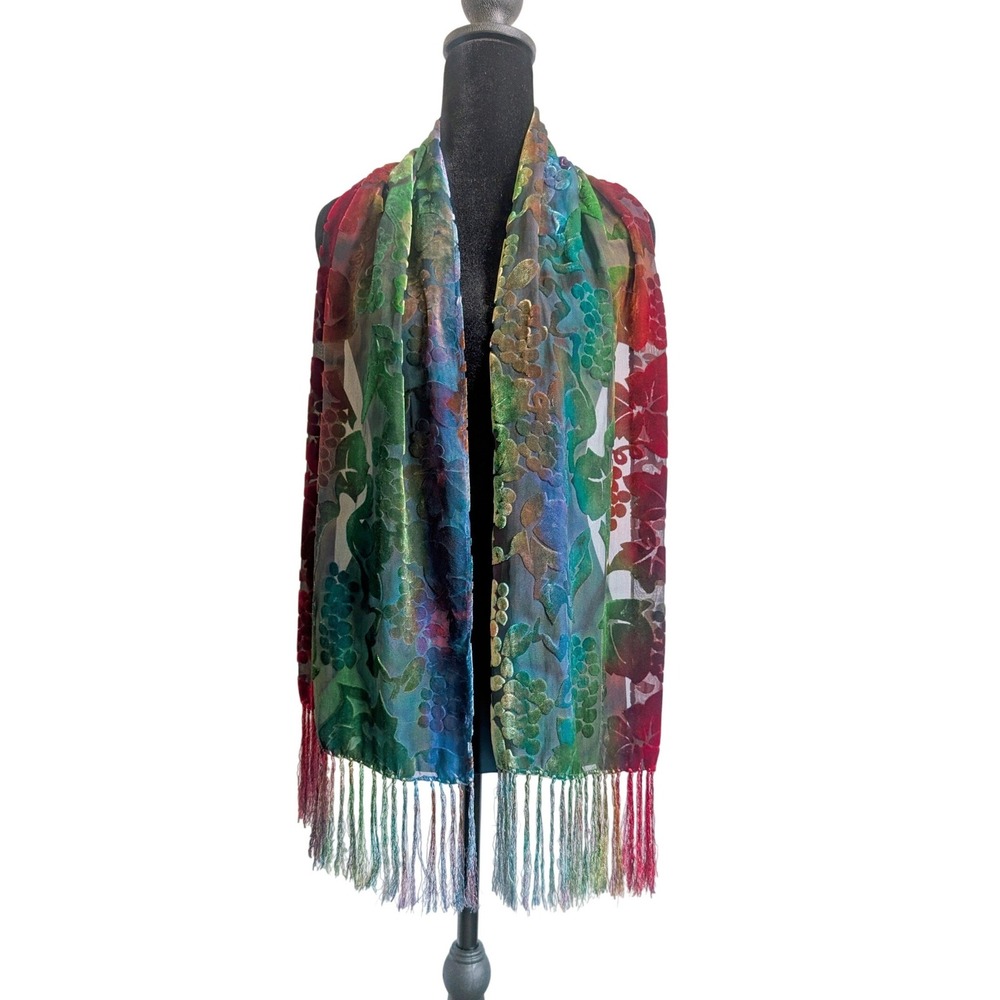 Whimsigoth Fairy Grape Vine Velvet Burnout Devoré Omber Sheer Fringe Scarf